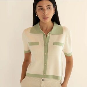 OAK + FORT Cream Button-Front Top with Sage Trim